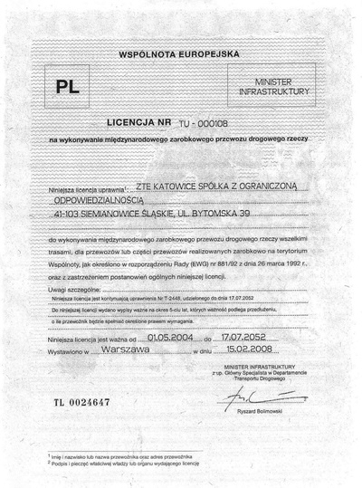 Zertifikat: International Transportation License