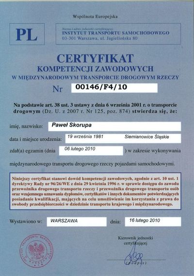 Certificate of professional competence - Paweł Skorupa