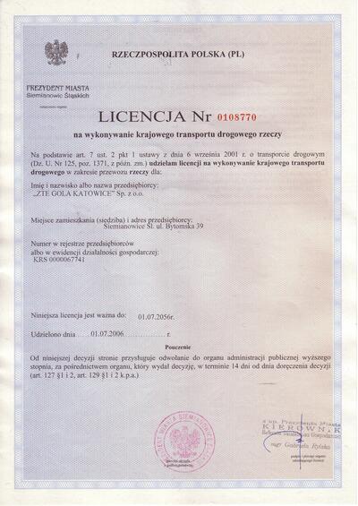 Zertifikat: National Transportation License