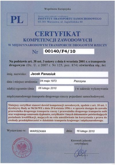 Certyfikat kompetencji zawodowych Jacek Panasiuk